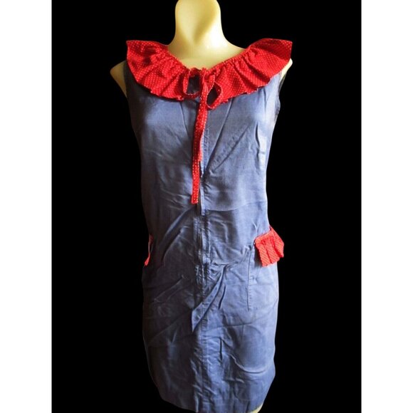 True Vintage Womens Dress 8 1960's Handmade Chambray Red Polka Dot Country - Picture 3 of 7